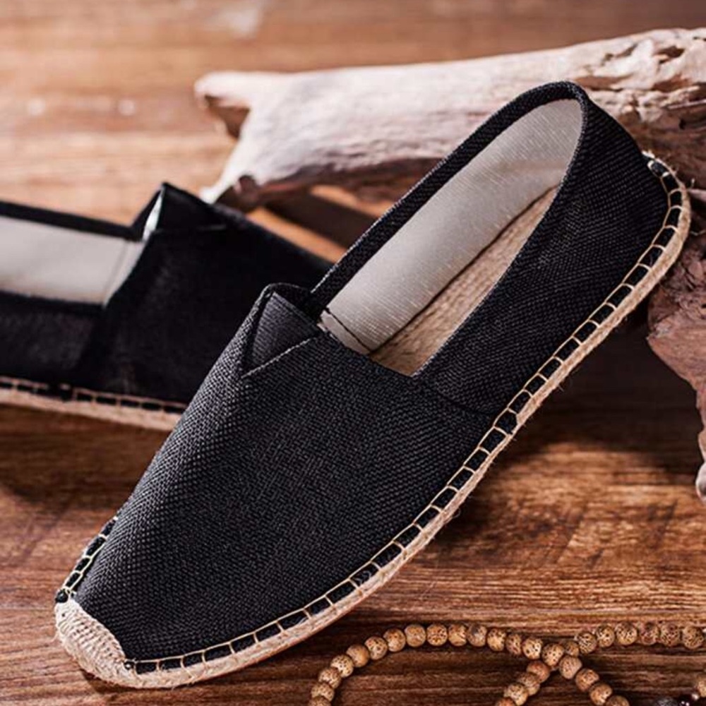 Men Espadrilles Canvas Loafers White, White Solid Color Woven Grass Shoes